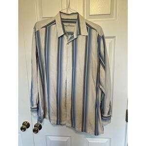 Tommy Bahama Button Up Shirt 80% Silk Short Sleeve Blue Striped Men’s Size XL
